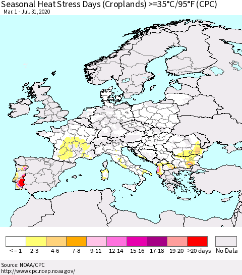 Europe Seasonal Heat Stress Days (Croplands) >=35°C/95°F (CPC) Thematic Map For 3/1/2020 - 7/31/2020