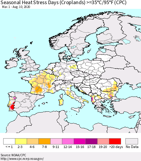 Europe Seasonal Heat Stress Days (Croplands) >=35°C/95°F (CPC) Thematic Map For 3/1/2020 - 8/10/2020