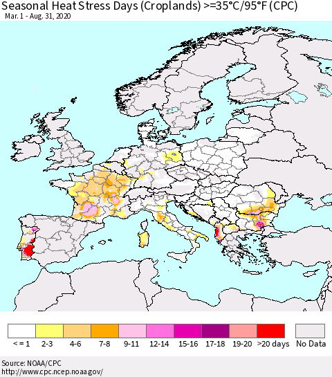 Europe Seasonal Heat Stress Days (Croplands) >=35°C/95°F (CPC) Thematic Map For 3/1/2020 - 8/31/2020