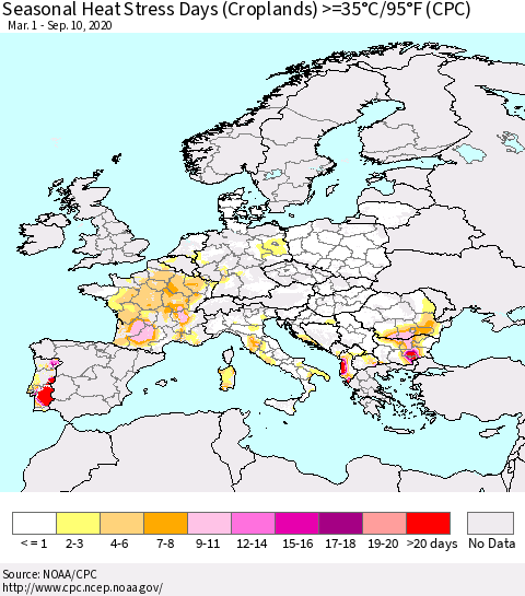 Europe Seasonal Heat Stress Days (Croplands) >=35°C/95°F (CPC) Thematic Map For 3/1/2020 - 9/10/2020