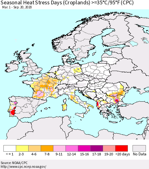Europe Seasonal Heat Stress Days (Croplands) >=35°C/95°F (CPC) Thematic Map For 3/1/2020 - 9/20/2020