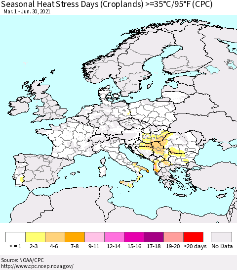 Europe Seasonal Heat Stress Days (Croplands) >=35°C/95°F (CPC) Thematic Map For 3/1/2021 - 6/30/2021