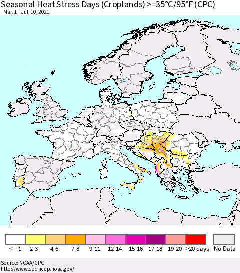 Europe Seasonal Heat Stress Days (Croplands) >=35°C/95°F (CPC) Thematic Map For 3/1/2021 - 7/10/2021