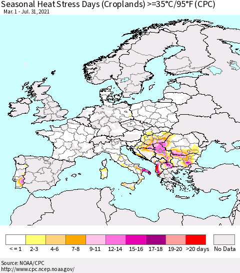 Europe Seasonal Heat Stress Days (Croplands) >=35°C/95°F (CPC) Thematic Map For 3/1/2021 - 7/31/2021