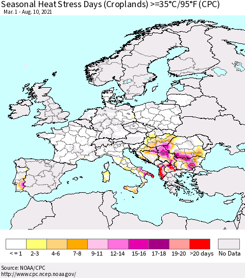 Europe Seasonal Heat Stress Days (Croplands) >=35°C/95°F (CPC) Thematic Map For 3/1/2021 - 8/10/2021
