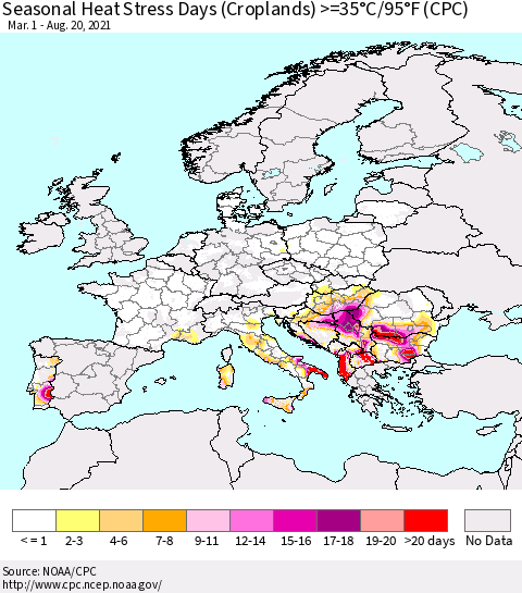 Europe Seasonal Heat Stress Days (Croplands) >=35°C/95°F (CPC) Thematic Map For 3/1/2021 - 8/20/2021
