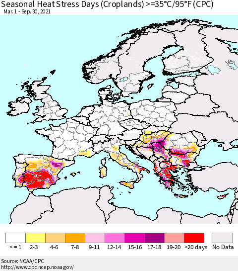 Europe Seasonal Heat Stress Days (Croplands) >=35°C/95°F (CPC) Thematic Map For 3/1/2021 - 9/30/2021