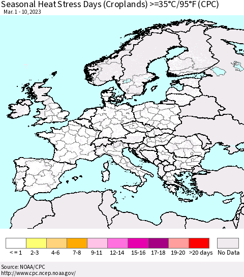 Europe Seasonal Heat Stress Days (Croplands) >=35°C/95°F (CPC) Thematic Map For 3/1/2023 - 3/10/2023