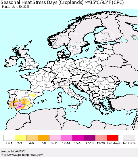 Europe Seasonal Heat Stress Days (Croplands) >=35°C/95°F (CPC) Thematic Map For 3/1/2023 - 6/30/2023