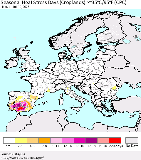 Europe Seasonal Heat Stress Days (Croplands) >=35°C/95°F (CPC) Thematic Map For 3/1/2023 - 7/10/2023