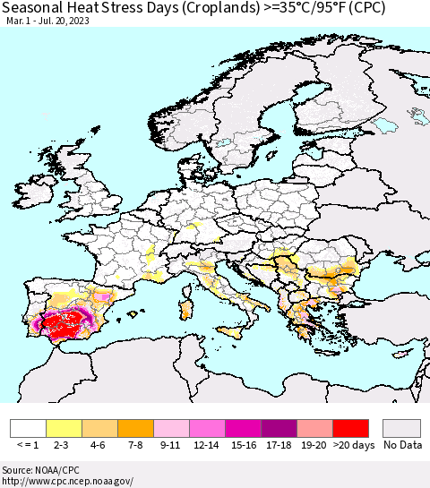 Europe Seasonal Heat Stress Days (Croplands) >=35°C/95°F (CPC) Thematic Map For 3/1/2023 - 7/20/2023