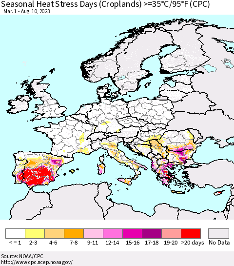 Europe Seasonal Heat Stress Days (Croplands) >=35°C/95°F (CPC) Thematic Map For 3/1/2023 - 8/10/2023