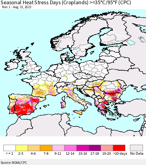 Europe Seasonal Heat Stress Days (Croplands) >=35°C/95°F (CPC) Thematic Map For 3/1/2023 - 8/31/2023