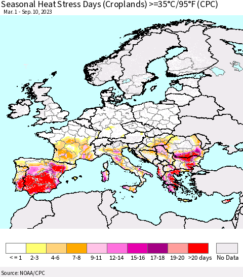 Europe Seasonal Heat Stress Days (Croplands) >=35°C/95°F (CPC) Thematic Map For 3/1/2023 - 9/10/2023