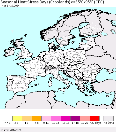Europe Seasonal Heat Stress Days (Croplands) >=35°C/95°F (CPC) Thematic Map For 3/1/2024 - 3/10/2024