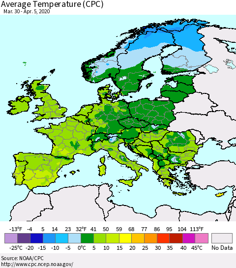 Europe Average Temperature (CPC) Thematic Map For 3/30/2020 - 4/5/2020