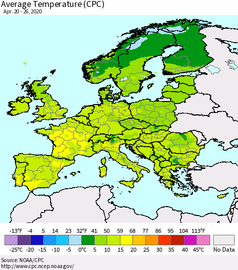 Europe Average Temperature (CPC) Thematic Map For 4/20/2020 - 4/26/2020