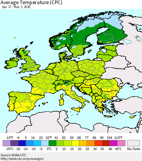 Europe Average Temperature (CPC) Thematic Map For 4/27/2020 - 5/3/2020