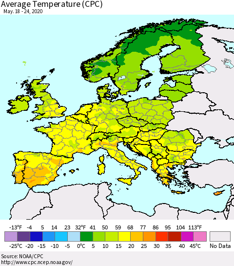 Europe Average Temperature (CPC) Thematic Map For 5/18/2020 - 5/24/2020