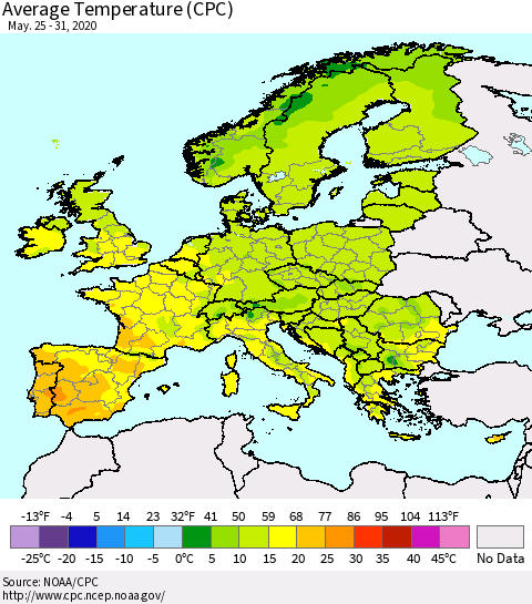Europe Average Temperature (CPC) Thematic Map For 5/25/2020 - 5/31/2020