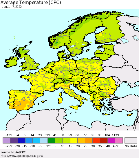 Europe Average Temperature (CPC) Thematic Map For 6/1/2020 - 6/7/2020