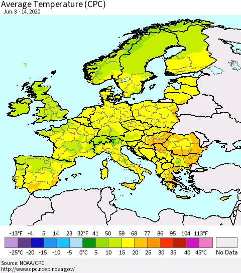 Europe Average Temperature (CPC) Thematic Map For 6/8/2020 - 6/14/2020