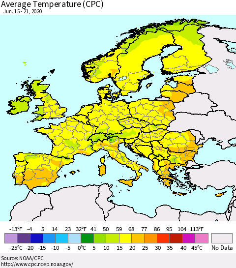 Europe Average Temperature (CPC) Thematic Map For 6/15/2020 - 6/21/2020