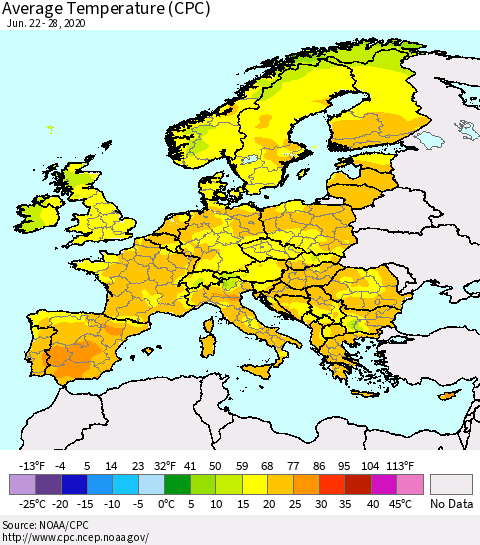Europe Average Temperature (CPC) Thematic Map For 6/22/2020 - 6/28/2020