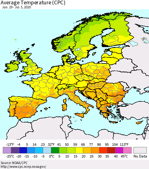 Europe Average Temperature (CPC) Thematic Map For 6/29/2020 - 7/5/2020