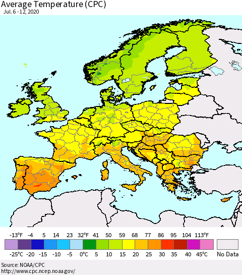 Europe Average Temperature (CPC) Thematic Map For 7/6/2020 - 7/12/2020