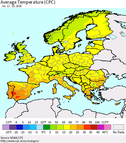 Europe Average Temperature (CPC) Thematic Map For 7/13/2020 - 7/19/2020