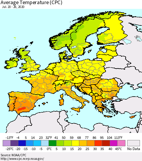 Europe Average Temperature (CPC) Thematic Map For 7/20/2020 - 7/26/2020