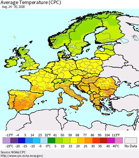 Europe Average Temperature (CPC) Thematic Map For 8/24/2020 - 8/30/2020