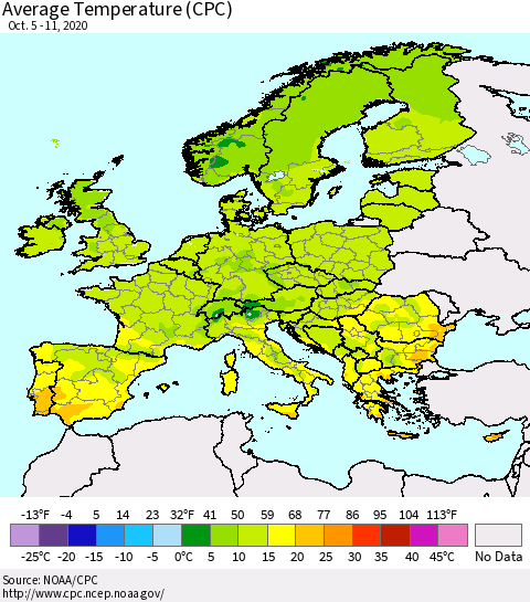 Europe Average Temperature (CPC) Thematic Map For 10/5/2020 - 10/11/2020