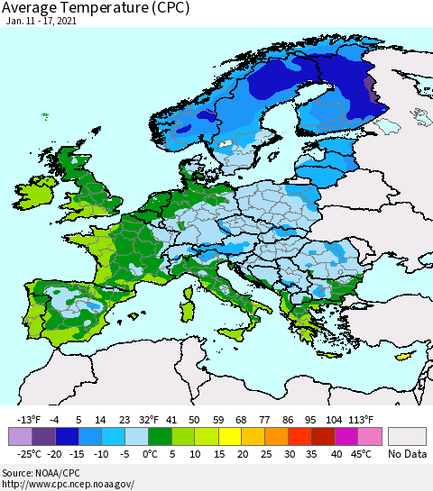 Europe Average Temperature (CPC) Thematic Map For 1/11/2021 - 1/17/2021