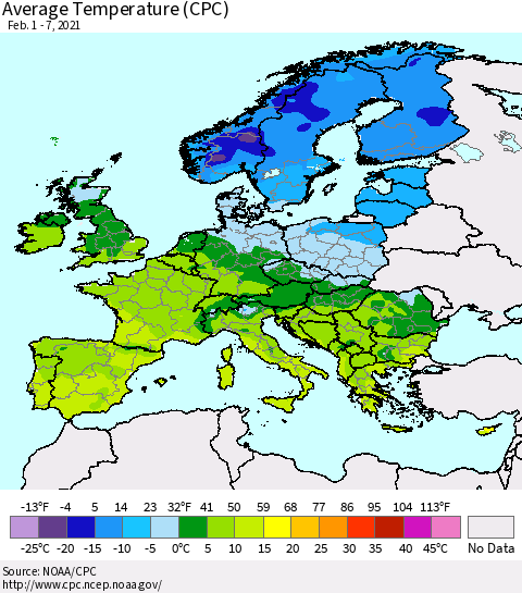 Europe Average Temperature (CPC) Thematic Map For 2/1/2021 - 2/7/2021