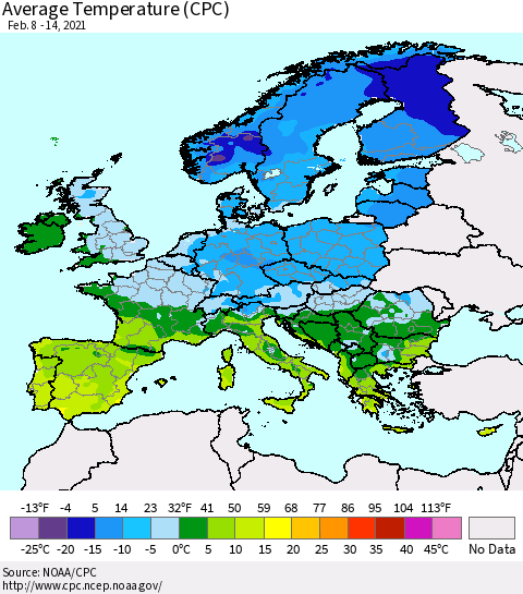 Europe Average Temperature (CPC) Thematic Map For 2/8/2021 - 2/14/2021