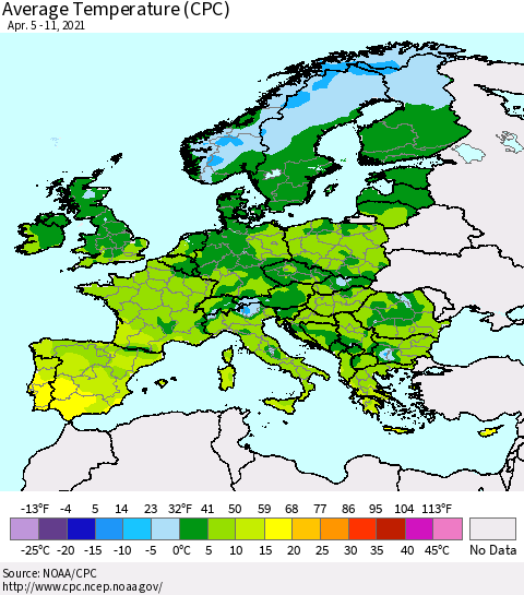 Europe Average Temperature (CPC) Thematic Map For 4/5/2021 - 4/11/2021