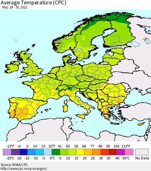 Europe Average Temperature (CPC) Thematic Map For 5/24/2021 - 5/30/2021