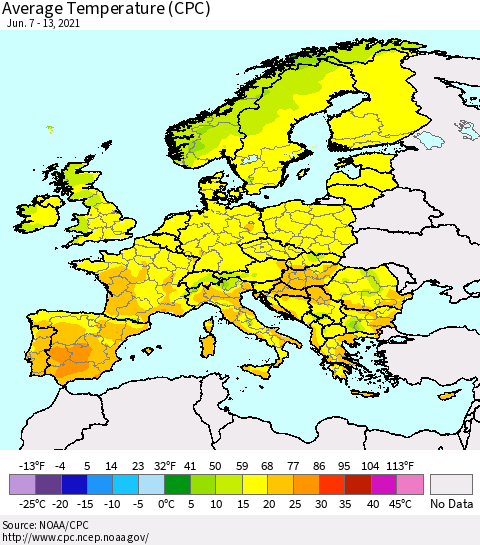 Europe Average Temperature (CPC) Thematic Map For 6/7/2021 - 6/13/2021
