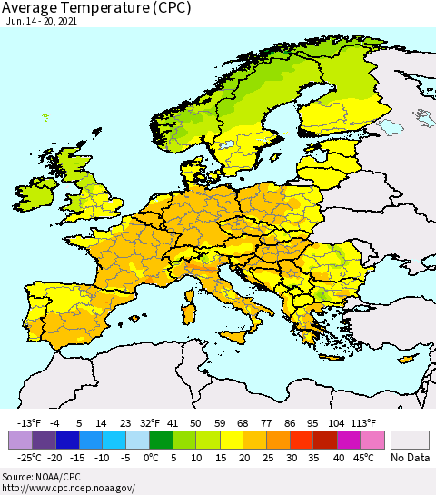 Europe Average Temperature (CPC) Thematic Map For 6/14/2021 - 6/20/2021