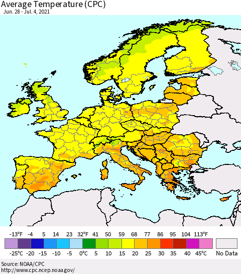 Europe Average Temperature (CPC) Thematic Map For 6/28/2021 - 7/4/2021