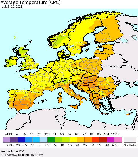 Europe Average Temperature (CPC) Thematic Map For 7/5/2021 - 7/11/2021