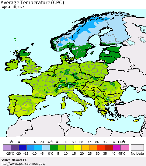 Europe Average Temperature (CPC) Thematic Map For 4/4/2022 - 4/10/2022