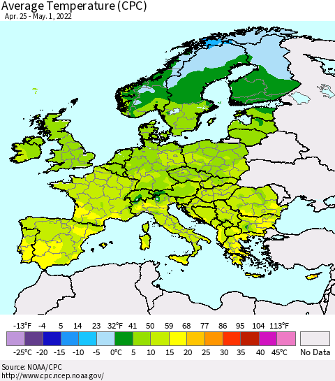 Europe Average Temperature (CPC) Thematic Map For 4/25/2022 - 5/1/2022