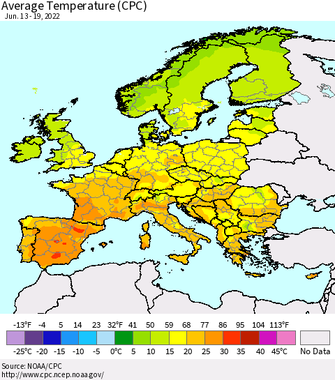 Europe Average Temperature (CPC) Thematic Map For 6/13/2022 - 6/19/2022