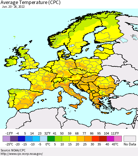 Europe Average Temperature (CPC) Thematic Map For 6/20/2022 - 6/26/2022