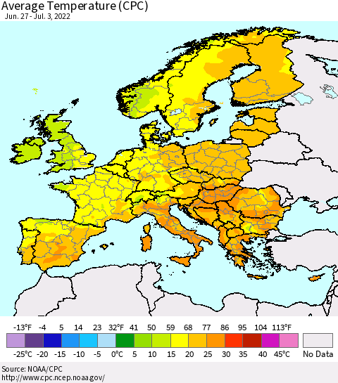 Europe Average Temperature (CPC) Thematic Map For 6/27/2022 - 7/3/2022