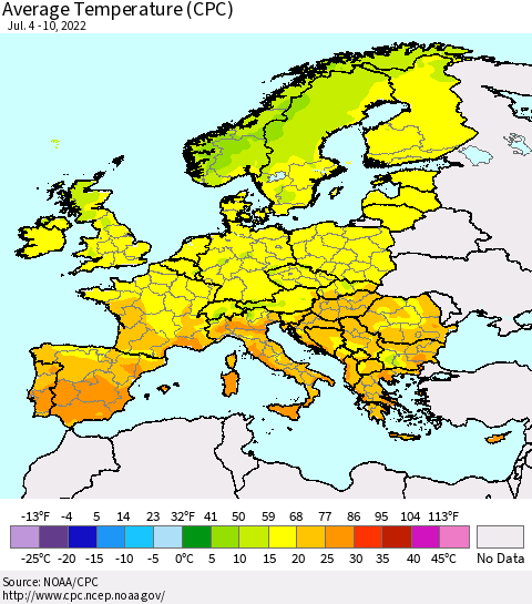 Europe Average Temperature (CPC) Thematic Map For 7/4/2022 - 7/10/2022
