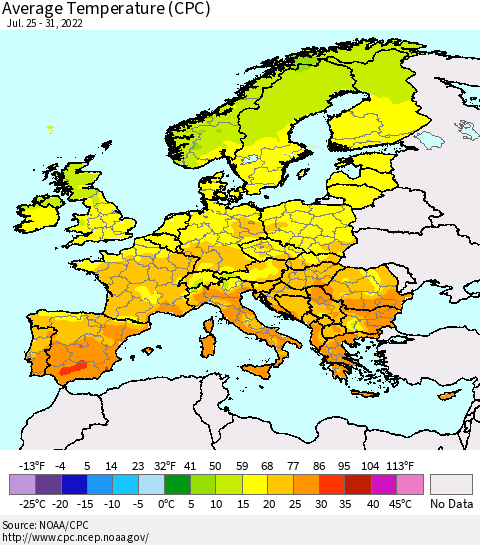 Europe Average Temperature (CPC) Thematic Map For 7/25/2022 - 7/31/2022